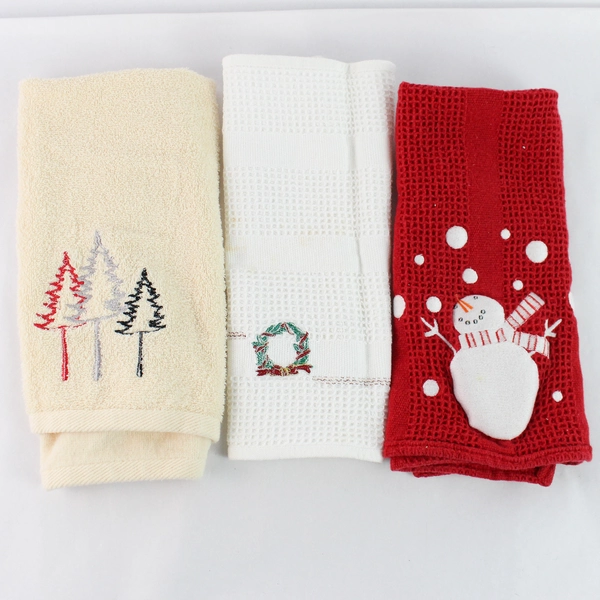 Lot of 3 Flawed Embroidered Christmas Dishcloth Towels - Festive Kitchen Decor