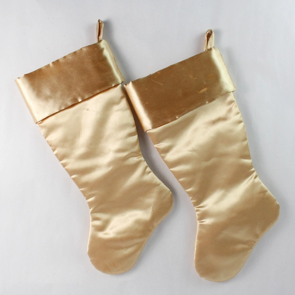 Set of 2 Gold Satin Christmas Stockings Holiday Decor - Pre-Owned