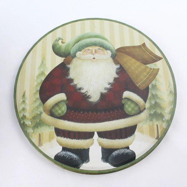 Green Santa Design Christmas Cookie Gift Tin 7.75" - Holiday Collectible Decor