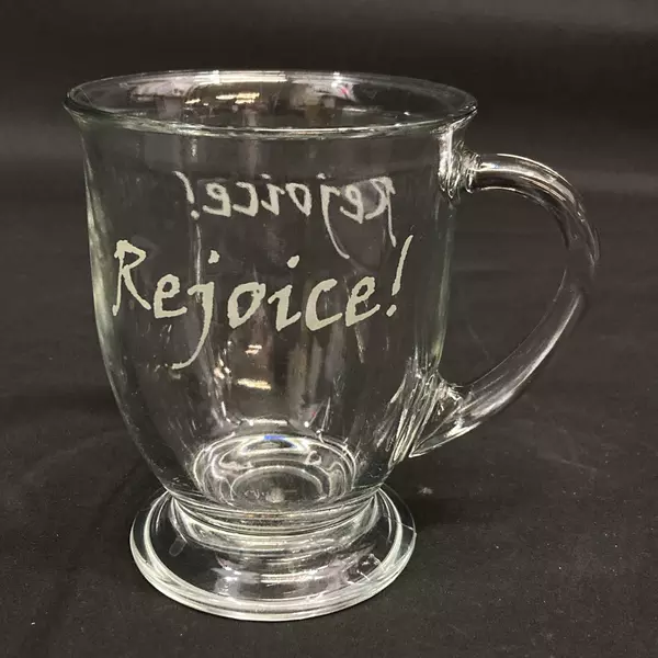 Anchor Hocking Etched Rejoice Clear Glass Footed Coffee Mug 5" Tall