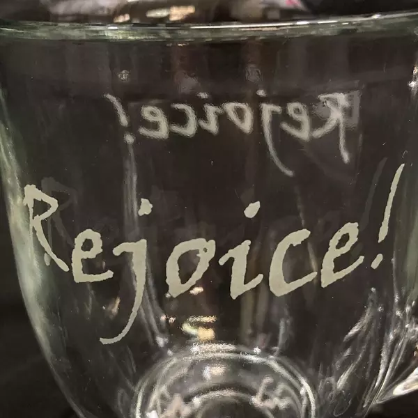 Anchor Hocking Etched Rejoice Clear Glass Footed Coffee Mug 5" Tall