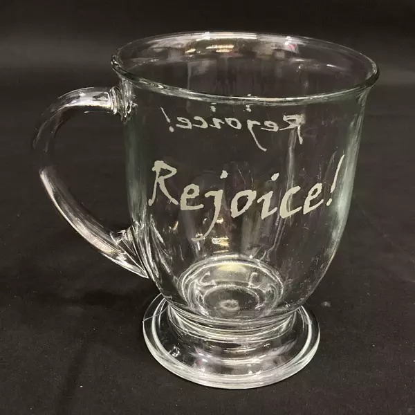 Anchor Hocking Etched Rejoice Clear Glass Footed Coffee Mug 5" Tall