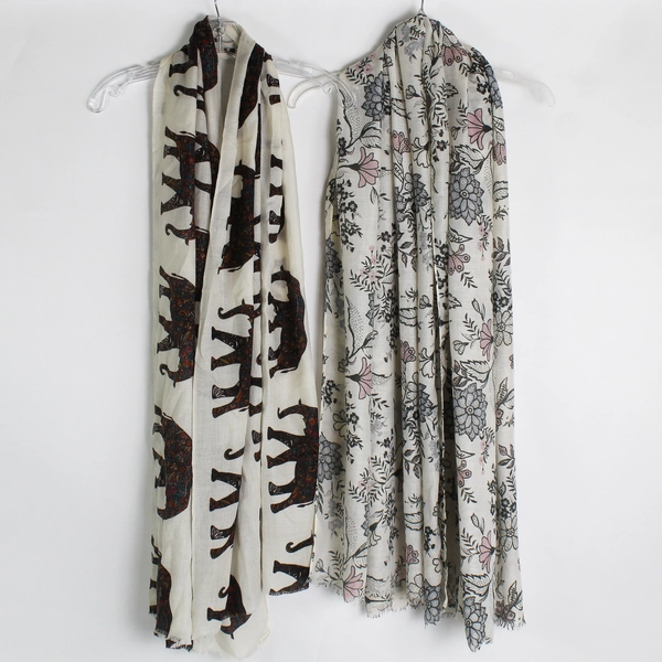 Lot of 2 Off-White Floral and Elephant Pattern Women's Scarves