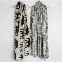 Lot of 2 Off-White Floral and Elephant Pattern Women's Scarves