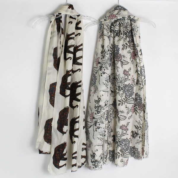 Lot of 2 Off-White Floral and Elephant Pattern Women's Scarves