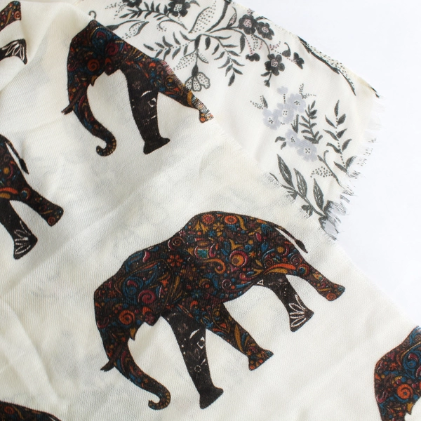 Lot of 2 Off-White Floral and Elephant Pattern Women's Scarves