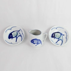 Set of 3 Blue White Catfish Porcelain Bowls & Creamer - 5.5" & 4.5"