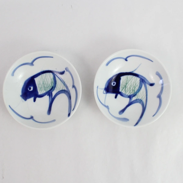 Set of 3 Blue White Catfish Porcelain Bowls & Creamer - 5.5" & 4.5"