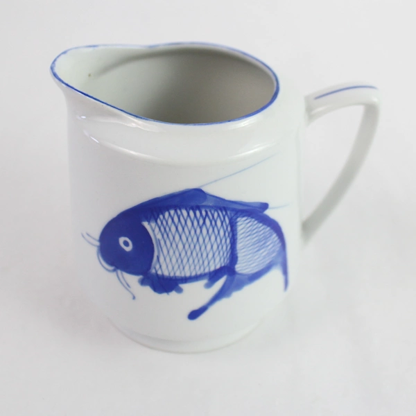 Set of 3 Blue White Catfish Porcelain Bowls & Creamer - 5.5" & 4.5"