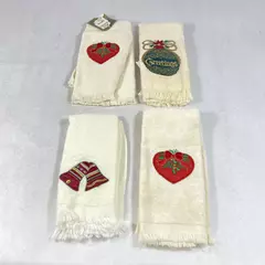 Lot of 4 Festive Christmas Hand Towels - Beige & White Decor