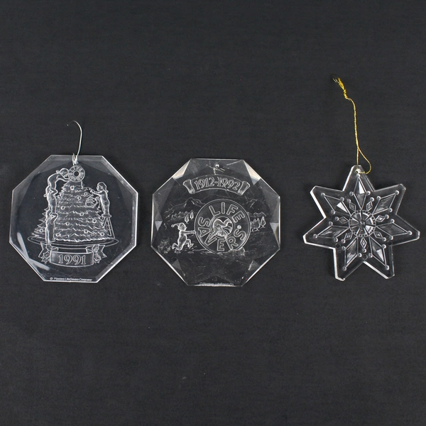 Lot of 3 Acrylic Christmas Ornaments - 2 Lifesaver 1991-1992 + 1 Snowflake