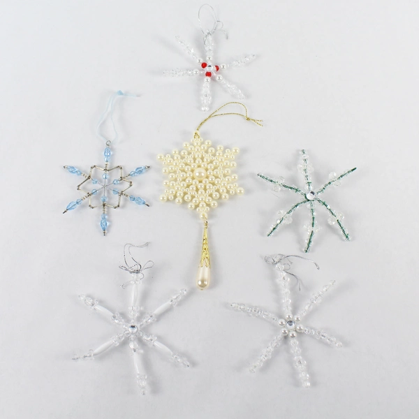 Lot of 6 Plastic Beaded Snowflake Christmas Tree Ornaments - Good Condition