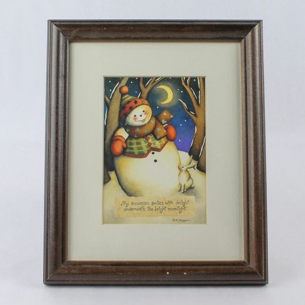 Matted Framed R. Ruegger Snowman Art Print - Holiday Decor, Pre-Owned