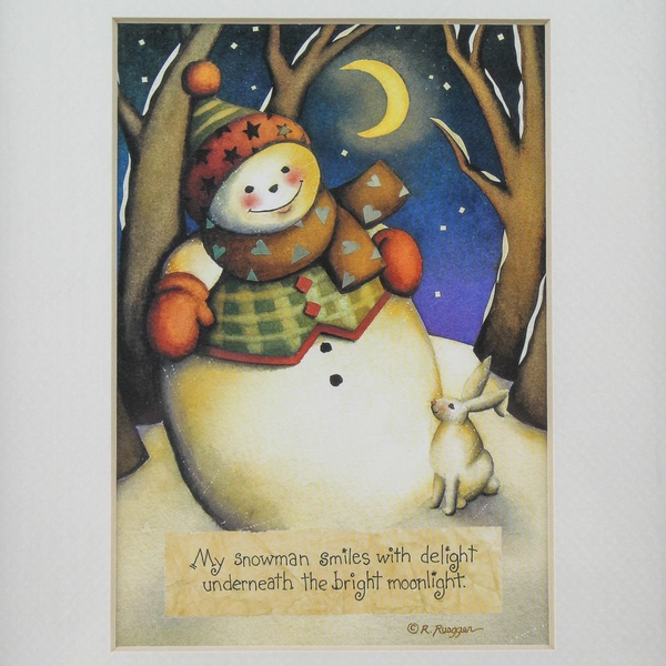 Matted Framed R. Ruegger Snowman Art Print - Holiday Decor, Pre-Owned