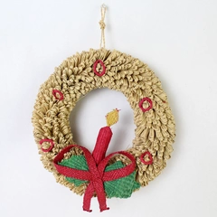 Raffia Christmas Wreath with Braided Candle 9" Diameter - Vintage Holiday Decor