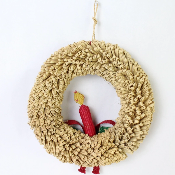 Raffia Christmas Wreath with Braided Candle 9" Diameter - Vintage Holiday Decor