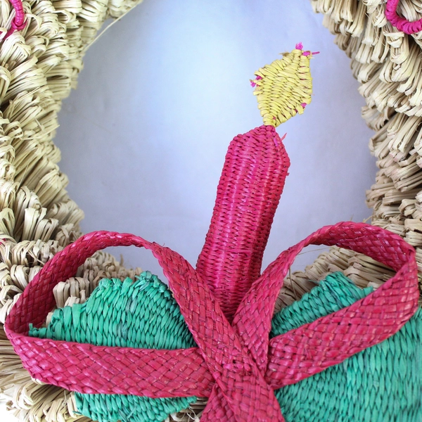 Raffia Christmas Wreath with Braided Candle 9" Diameter - Vintage Holiday Decor