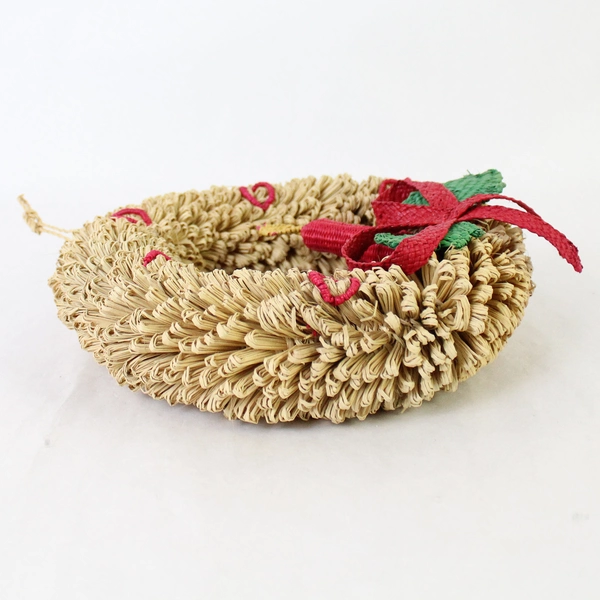 Raffia Christmas Wreath with Braided Candle 9" Diameter - Vintage Holiday Decor
