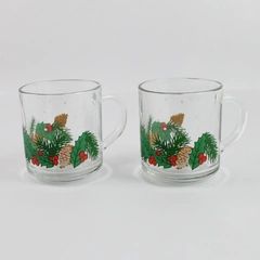 Lot of 2 Holiday Clear Glass Mugs with Holly Berry Pine Cone Pattern 3.5"
