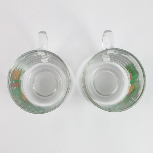 Lot of 2 Holiday Clear Glass Mugs with Holly Berry Pine Cone Pattern 3.5"