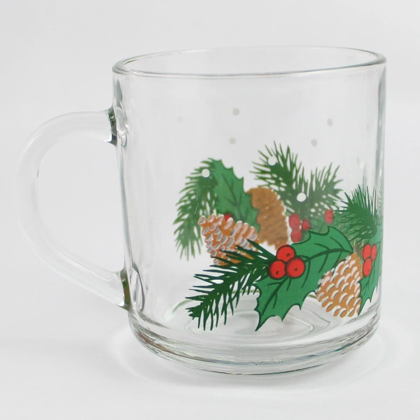 Lot of 2 Holiday Clear Glass Mugs with Holly Berry Pine Cone Pattern 3.5"