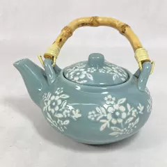 Cornflower Blue Single Cup Teapot with Bamboo Handle & White Flowers