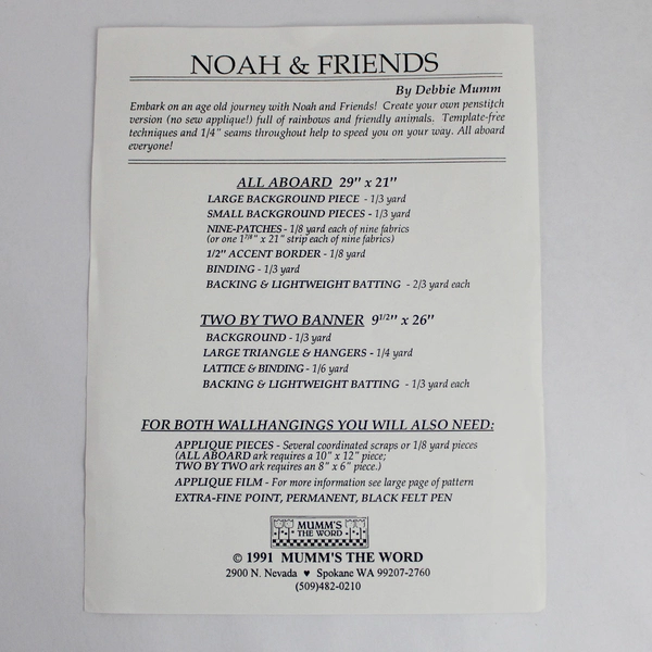 Vintage 1991 Mumm's The Word Noah & Friends Quilt & Banner Pattern