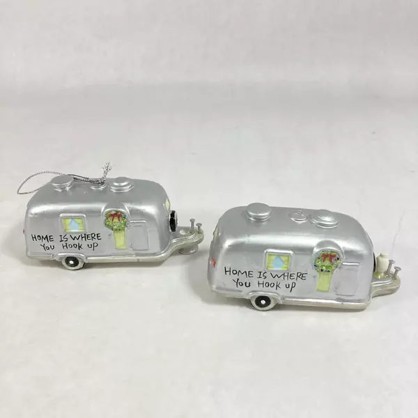 Lot of 2 Cape Shore Glass Christmas Ornaments - Silver Travel Trailers