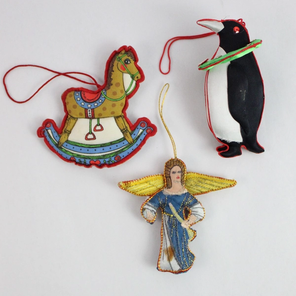 Lot of 3 Vintage Fabric Christmas Tree Ornaments - Angel, Horse, Penguin