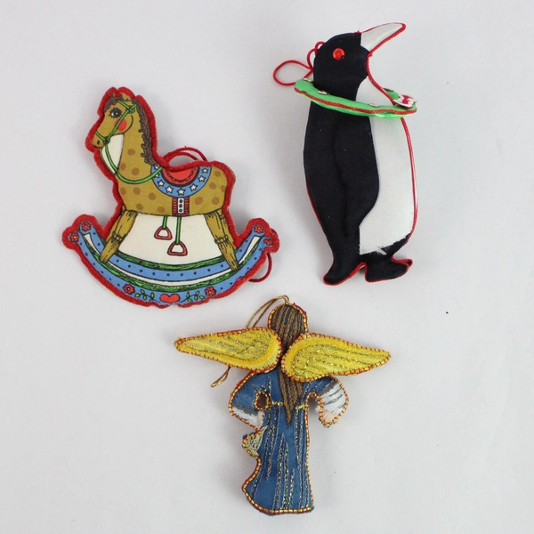 Lot of 3 Vintage Fabric Christmas Tree Ornaments - Angel, Horse, Penguin