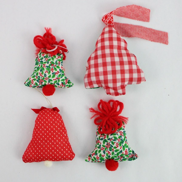 Lot of 4 Cloth Felt Christmas Bells & Tree Ornaments - Holiday Decor