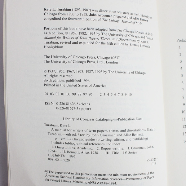 A Manual for Writers by Kate L. Turabian 1996 University of Chicago 6th Ed PB