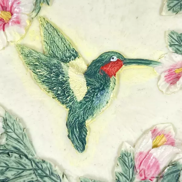 1997 Popular Imports Hummingbird & Flowers Plaque 5.25" Pre-Owned Stains