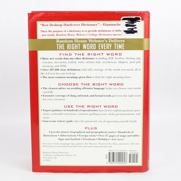 Random House Webster's College Dictionary 2001 Second Revised & Updated HC DJ