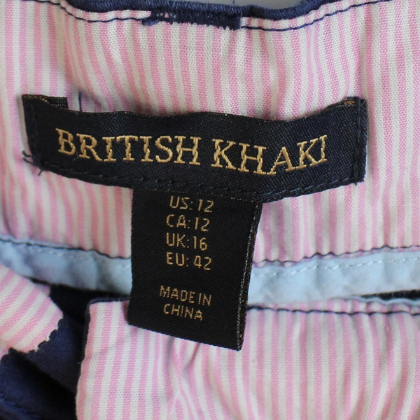 British Khaki Navy Blue Embroidered Shark Design Chino Shorts Women's 12