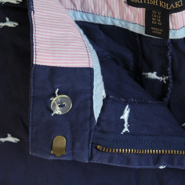 British Khaki Navy Blue Embroidered Shark Design Chino Shorts Women's 12