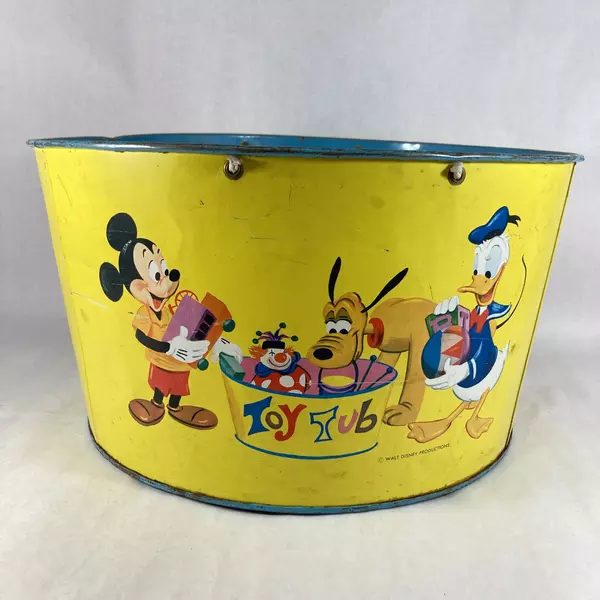 Vintage Walt Disney Productions Litho Picture Metal Toy Tub Mickey Pluto Donald
