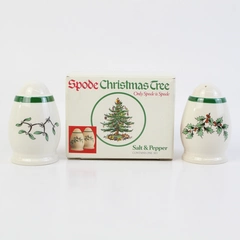  2 Spode Porcelain Christmas Tree Salt Pepper Shakers Holly Mistletoe W/ Box