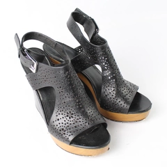 Michael Kors Black Leather Strap Heels 5" Wedge/Block Platform 1.5" Women Sz 9.5