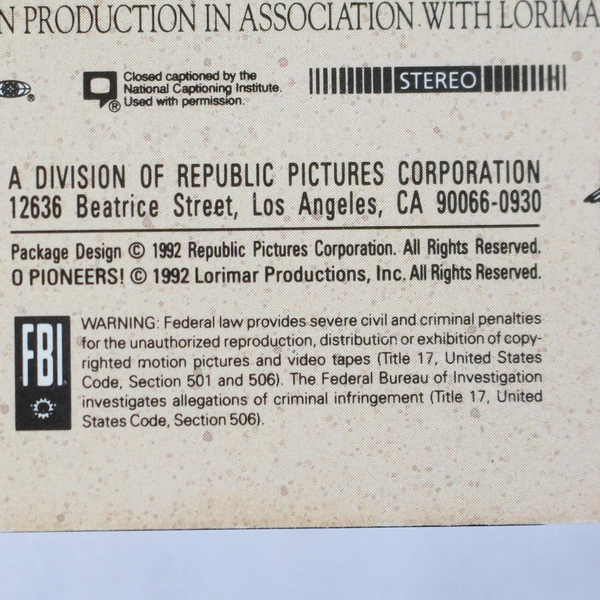 O Pioneers! VHS 1992 Hallmark Jessica Lange