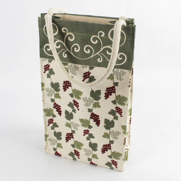 True 2 Bottle Wine Tote Carry Bag Reusable Grape Wine Patterned Canvas