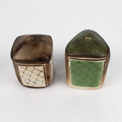 Lot Of Matching Handmade Vase Ceramic Pottery Brown/Green Square/Triangle 3.5"