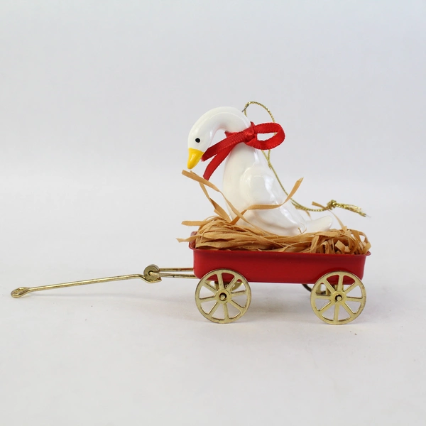 Lot of 2 White Duck Ornaments 1 Schmid And 1 Unbranded Sitting In Red Wagon