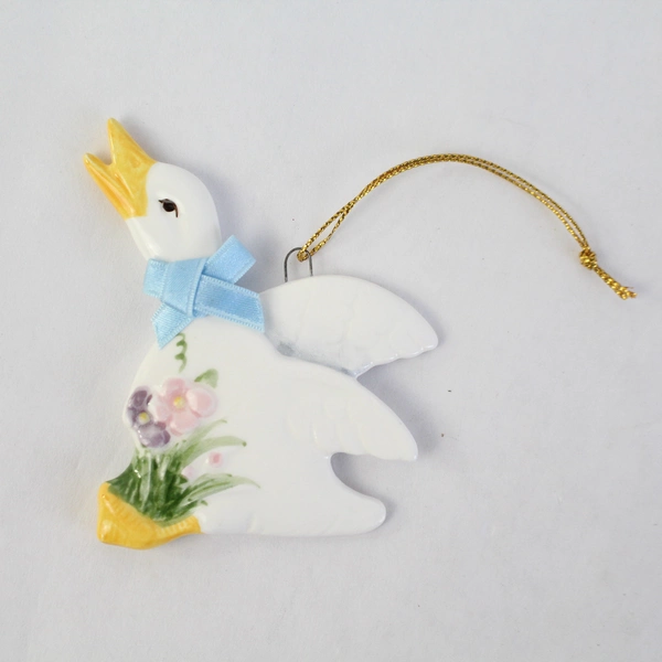 Lot of 2 White Duck Ornaments 1 Schmid And 1 Unbranded Sitting In Red Wagon