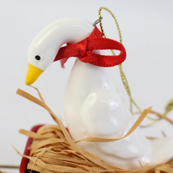 Lot of 2 White Duck Ornaments 1 Schmid And 1 Unbranded Sitting In Red Wagon