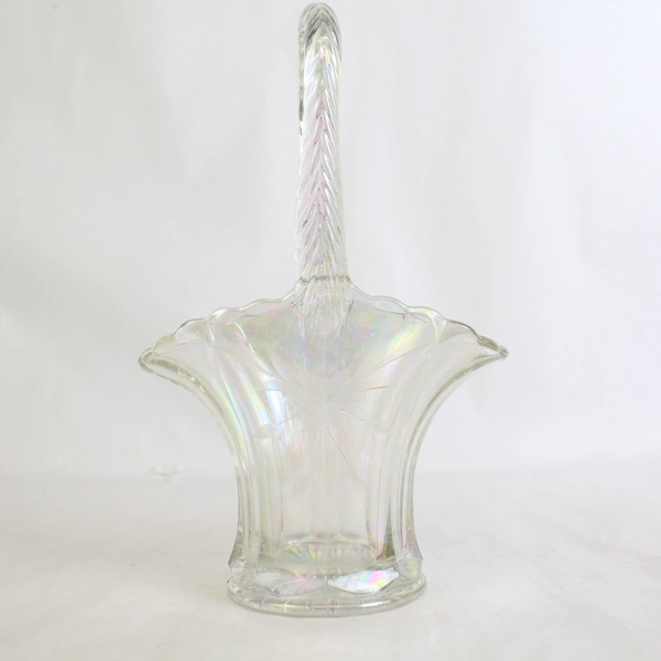 Vtg Clear Iridescent Crystal Brides Basket Scalloped Rim Etched Flowers 