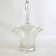 Vtg Clear Iridescent Crystal Brides Basket Scalloped Rim Etched Flowers 