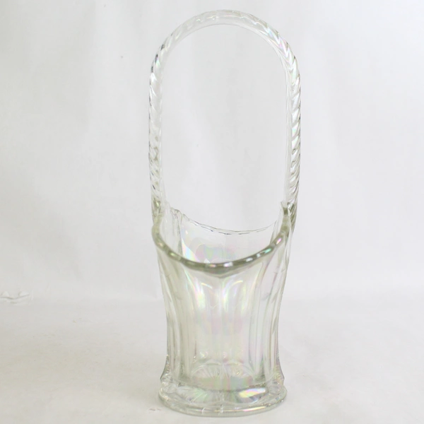 Vtg Clear Iridescent Crystal Brides Basket Scalloped Rim Etched Flowers 