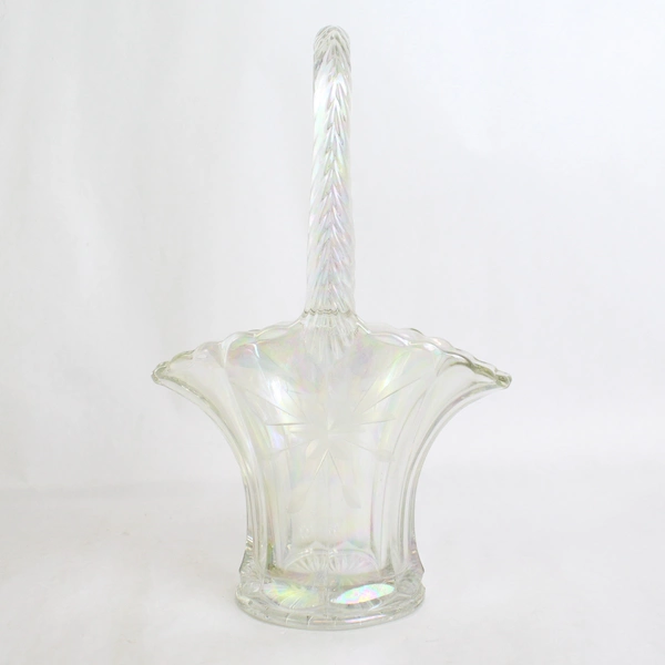 Vtg Clear Iridescent Crystal Brides Basket Scalloped Rim Etched Flowers 