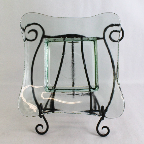 Square Green Tinted Glass Bowl With Wrought Iron Stand 14 Inch